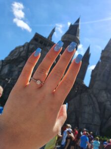 Engagement ring in front of Hogwarts Castle