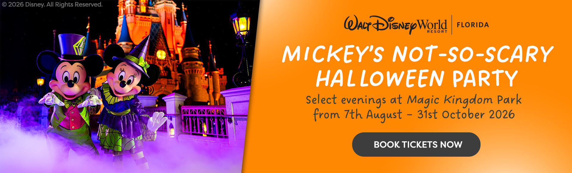 Mickey and Minnie in Halloween costumes on a castle stage beside an orange panel promoting Mickey's Not-So-Scary Halloween Party and a 'Book Tickets Now' button.