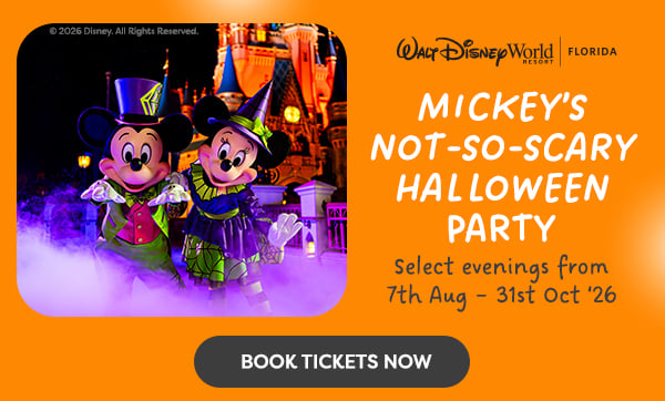 Promo banner for Mickey's Not-So-Scary Halloween Party at Walt Disney World, showing Mickey and Minnie in Halloween costumes beside a lit castle on an orange background with a 'Book Tickets Now' button.