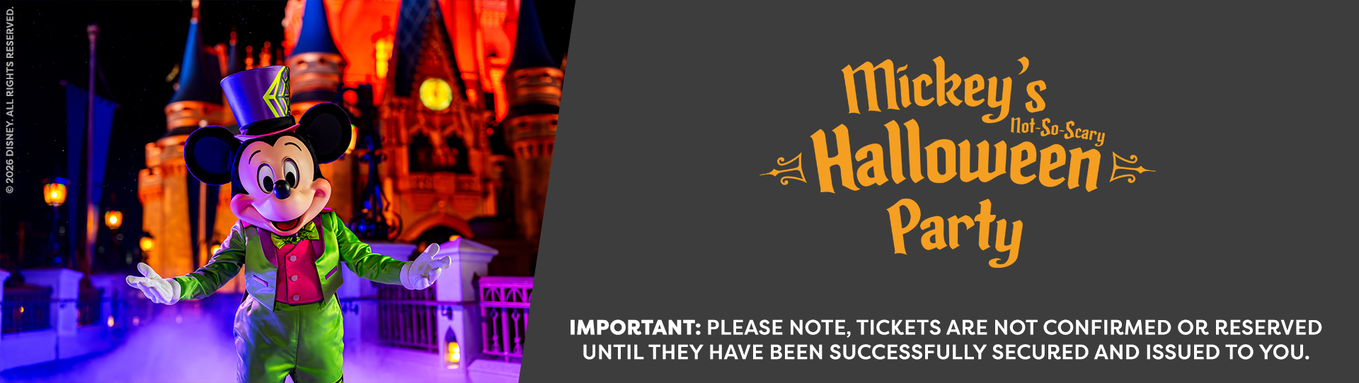 Mickey Mouse in a green suit and top hat on a castle stage advertising Mickey's Halloween Party.