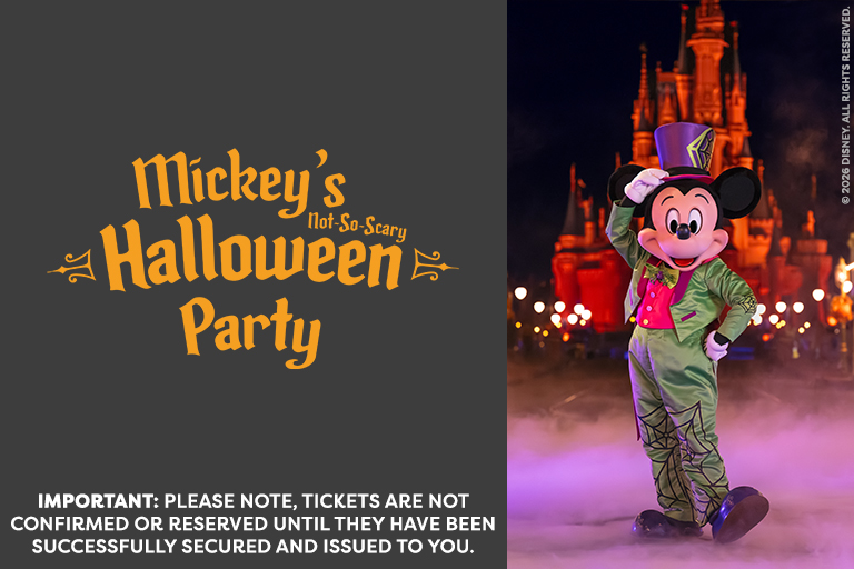 Promotional banner for Mickey's Halloween Party with Mickey Mouse in a green suit against a castle backdrop at night.