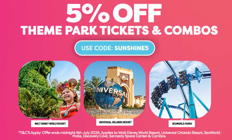 Banner advertising 5% off theme park tickets with code SUNSHINE; round thumbnails of Walt Disney World, Universal Orlando Resort, and SeaWorld Parks